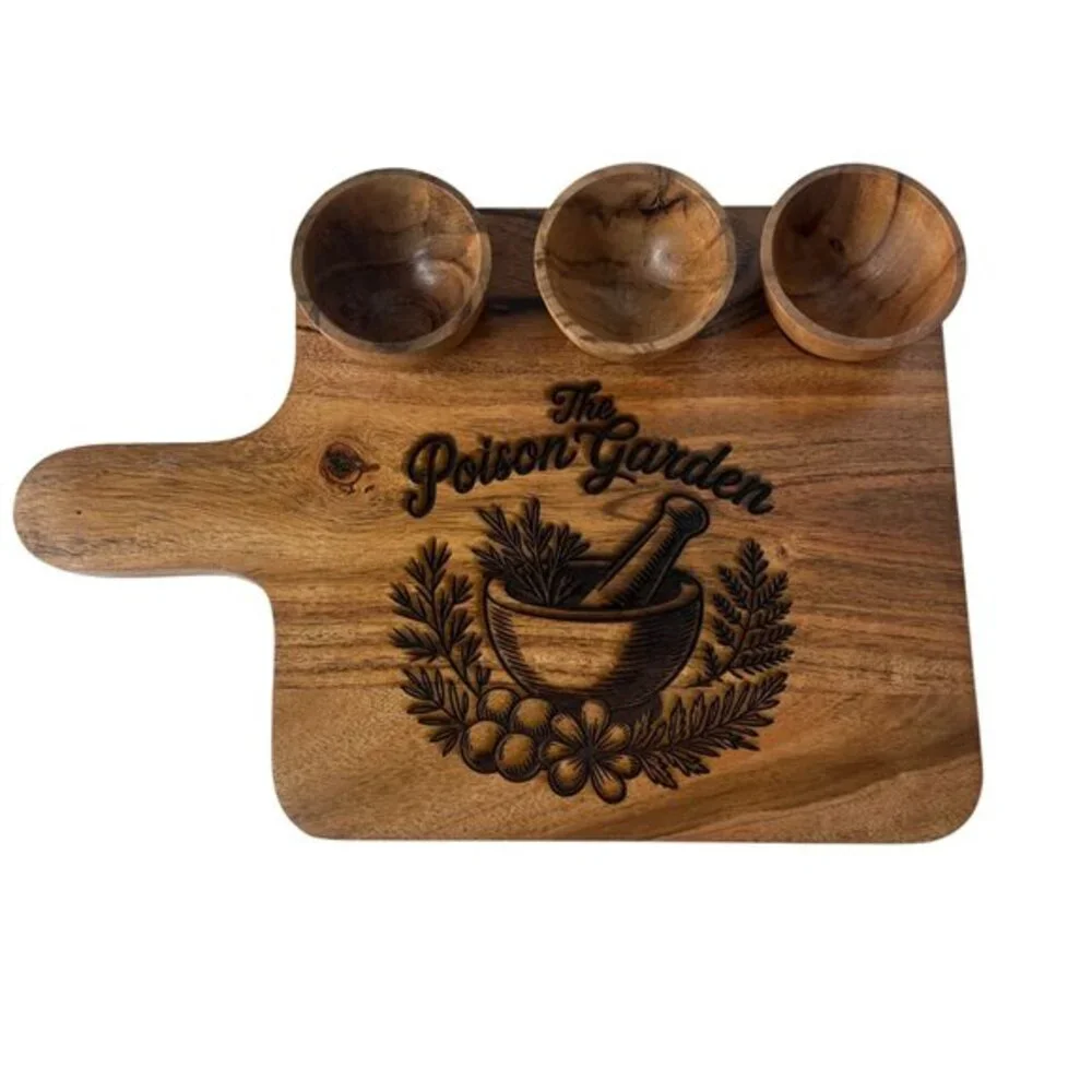 Handmade Acacia Wood Serving Board Set Mortar Pestle Engraved 3 Bowls Witchy Kit